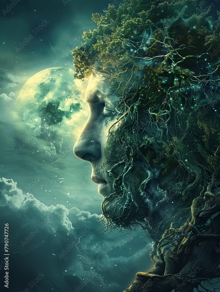 A dreamlike portrayal of a mystical being where the lush foliage merges seamlessly with the celestial moon and night sky.