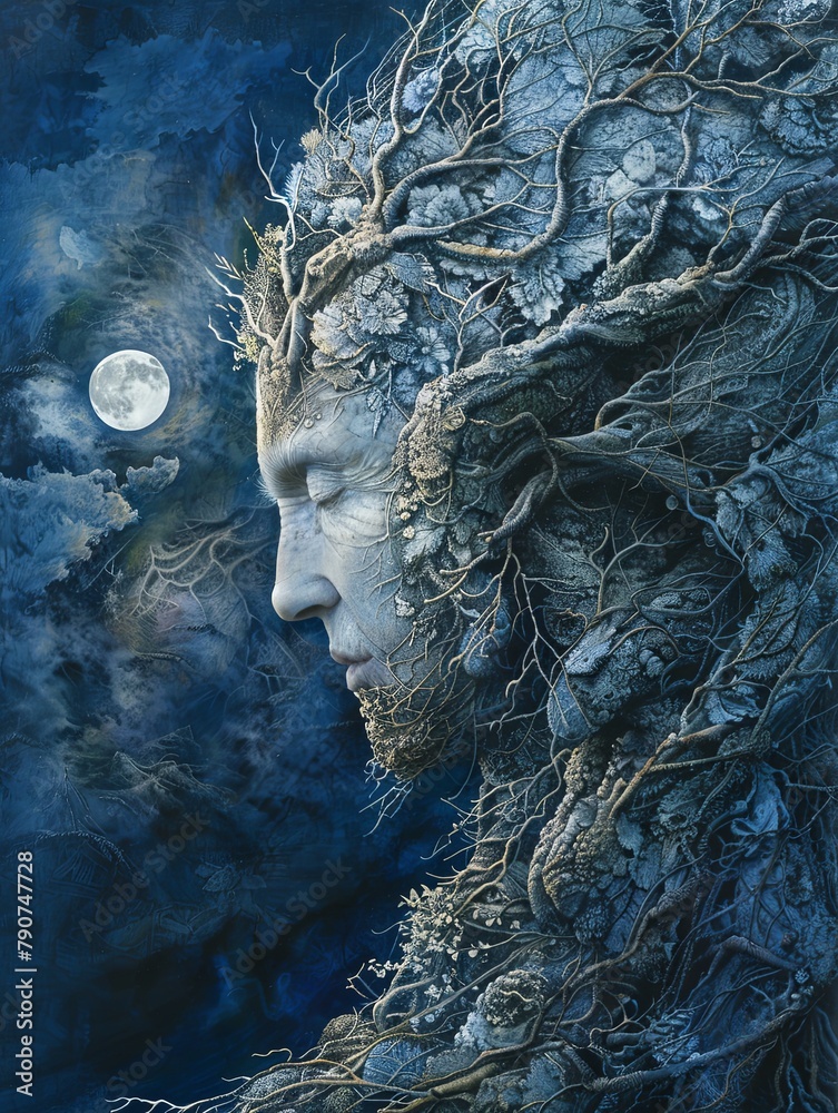 A surreal fusion of a human face with tree branches under the moonlight, symbolizing the deep connection between humans and nature.