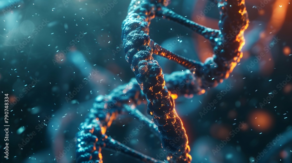 3D Rendering of a Glowing DNA Molecular genomes structure concept of biochemistry 3D Rendering of a Glowing DNA Molecular genomes structure concept of biochemistry