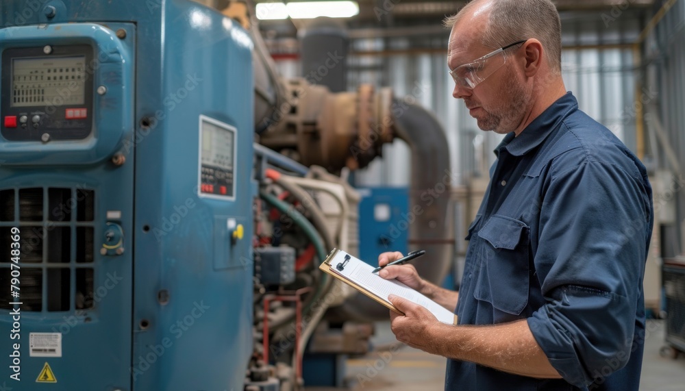 Engineering man in electric blue writing on clipboard, fixing machine in factory Engineering man in electric blue writing on clipboard, fixing machine in factory
