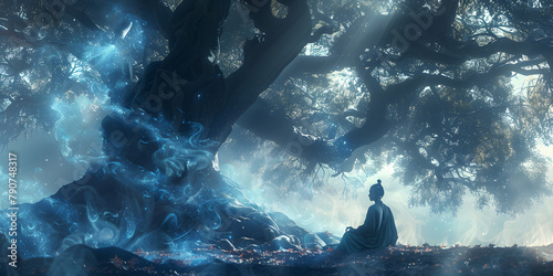 Blue-Eyed Sage in Tranquil Meditation: Indigo and Cobalt Auras Under the Banyan Tree photo