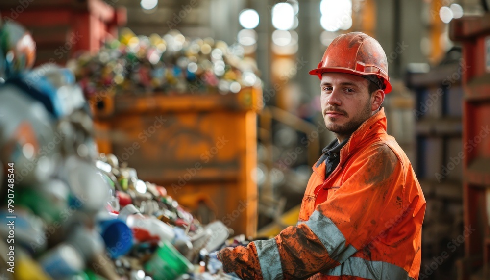 Fototapeta premium An engineer in workwear and hard hat is working in a factory