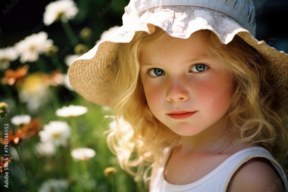 Fototapeta premium Angelic Young Girl with Blonde Hair and Blue Eyes Wearing a Summer Sun Hat in Sunlit Floral Garden 