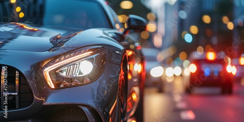 Headlight, vehicle, and automobile for nighttime city street dealership salon, car sales, and service repair. Close-up, lights, and bokeh of sleek modern car for sale, competition, or mechanic © LukaszDesign
