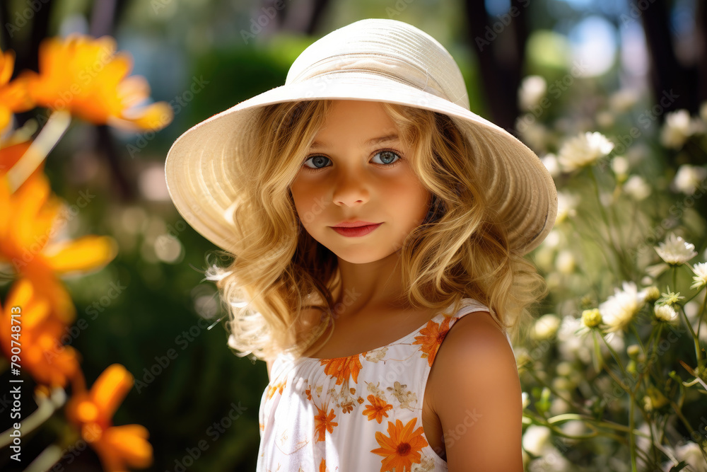 Pretty  Young Gir with Blonde Hairl in Sun Hat Amongst Summer Blooms