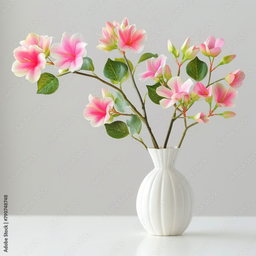 Delicate pink artificial flowers arranged in a sleek white vase on a neutral background.