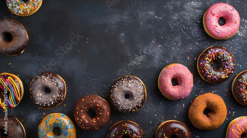 Frame made of colorful delicious donuts with sprinkles with copy space in the middle on dark background