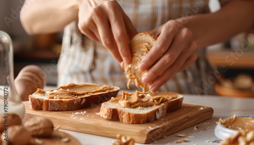 Young woman spreading nut butter onto toast in kitchen, closeup