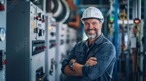 Portrait, happy man and engineering technician in control room, inspection service or industry maintenance. Electrician, arms crossed and smile in electrical substation, system or industrial mechanic