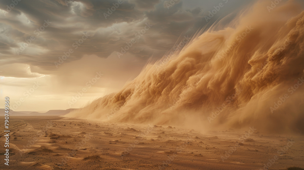 A mighty sandstorm sweeping across the barren lands under a dramatic sky A mighty sandstorm sweeping across the barren lands under a dramatic sky