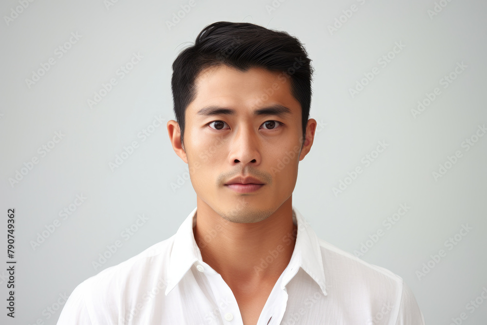 Intense Gaze from a Young Asian Man in a White Shirt on a Plain White Background Intense Gaze from a Young Asian Man in a White Shirt on a Plain White Background