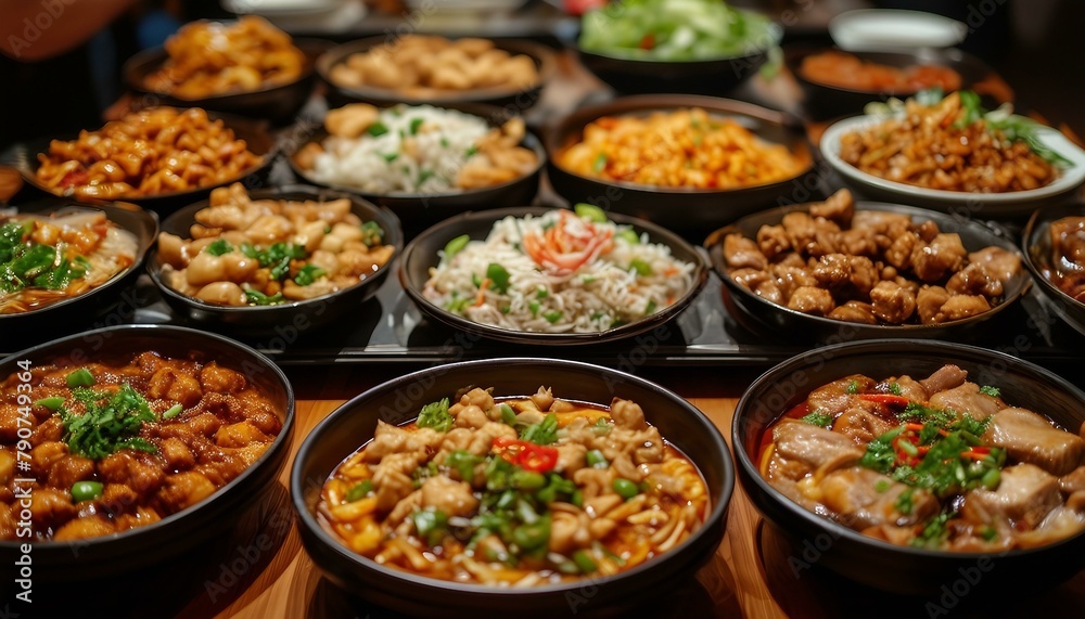 The image shows an array of Asian dishes on a table: 15 bowls of meat and veggies, plus 6 nearby, showcasing diverse flavors and culinary skills, inviting viewers to savor each delicacy. The image shows an array of Asian dishes on a table: 15 bowls of meat and veggies, plus 6 nearby, showcasing diverse flavors and culinary skills, inviting viewers to savor each delicacy.