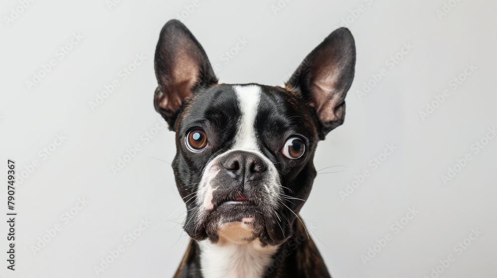 Studio headshot portrait of Boston terrier dog with head tilted looking forward against a white background