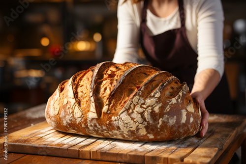 Homemade sourdough bread. Bright white kitchen. Bread on cutting board. Kitchen utensils. Craft authentic bread. Home cooking. Food preparation. Coronavirus covid-19 stay home isolation quarantine.