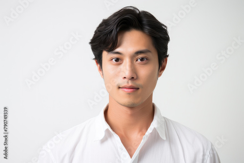 Sophisticated Young Asian Man in Elegant White Shirt on a Plain White Background
