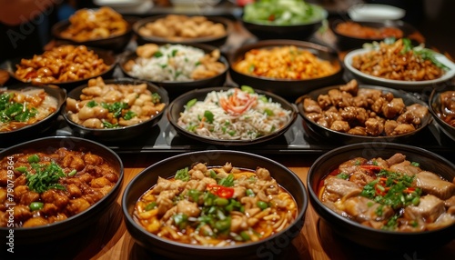 The image shows an array of Asian dishes on a table: 15 bowls of meat and veggies, plus 6 nearby, showcasing diverse flavors and culinary skills, inviting viewers to savor each delicacy.