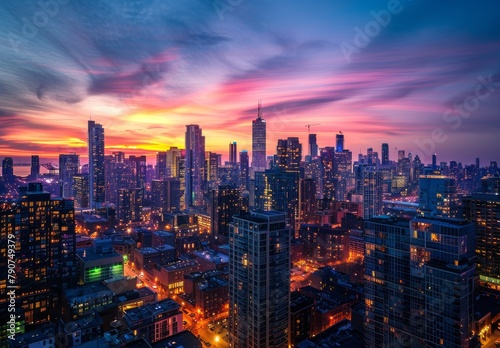 Blend city lights and sunset glow for stunning twilight skyline; contrasting urban glow with fading sun's warmth