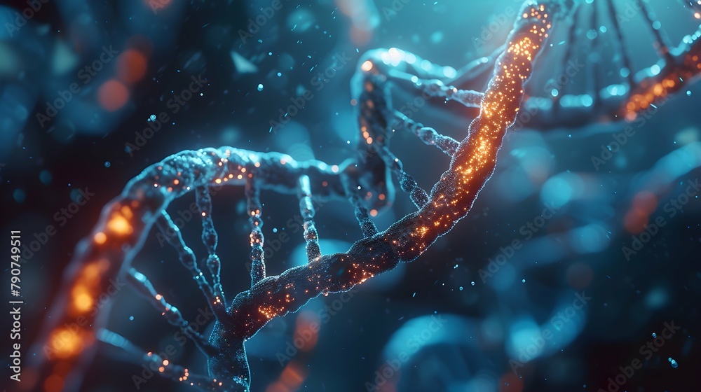 3D Rendering of a Glowing DNA Molecular genomes structure concept of biochemistry 3D Rendering of a Glowing DNA Molecular genomes structure concept of biochemistry