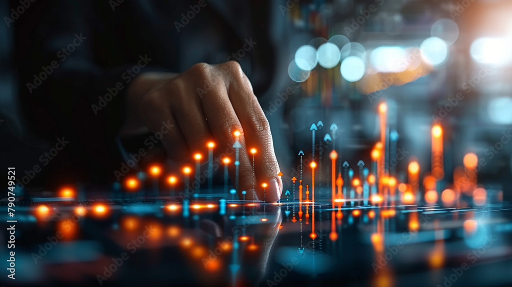 Fototapeta premium In 2024, astute businessman analyzes financial data, employs digital graphs for growth insights, and identifies profitable ventures, steering towards long-term success.