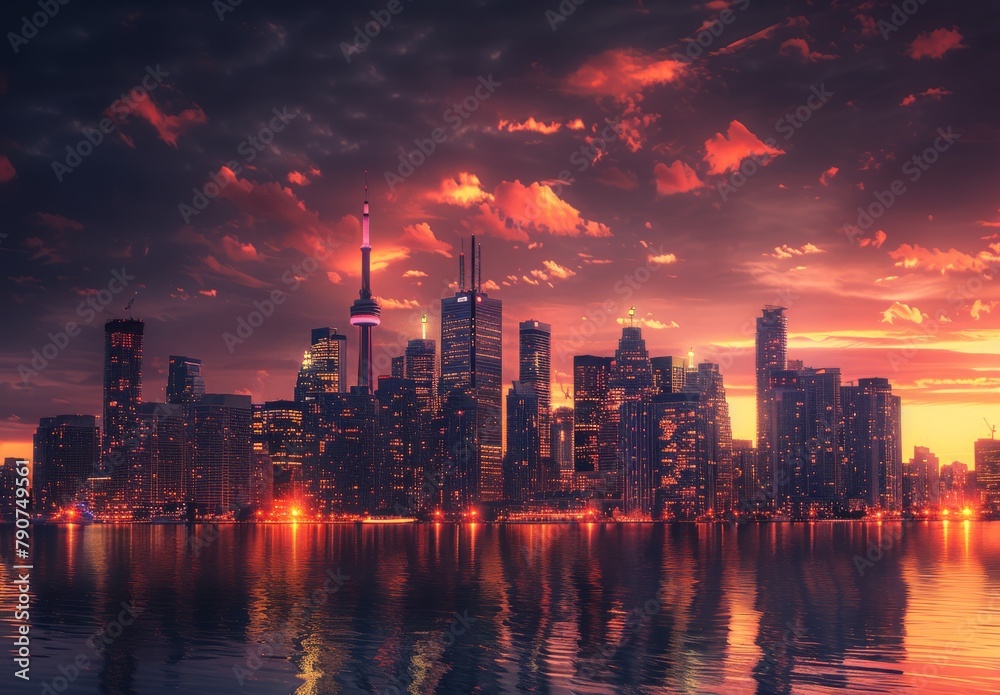 Blend city lights and sunset glow for stunning twilight skyline; contrasting urban glow with fading sun's warmth