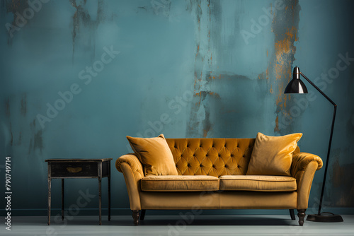 Yellow sofa on a blue wall background