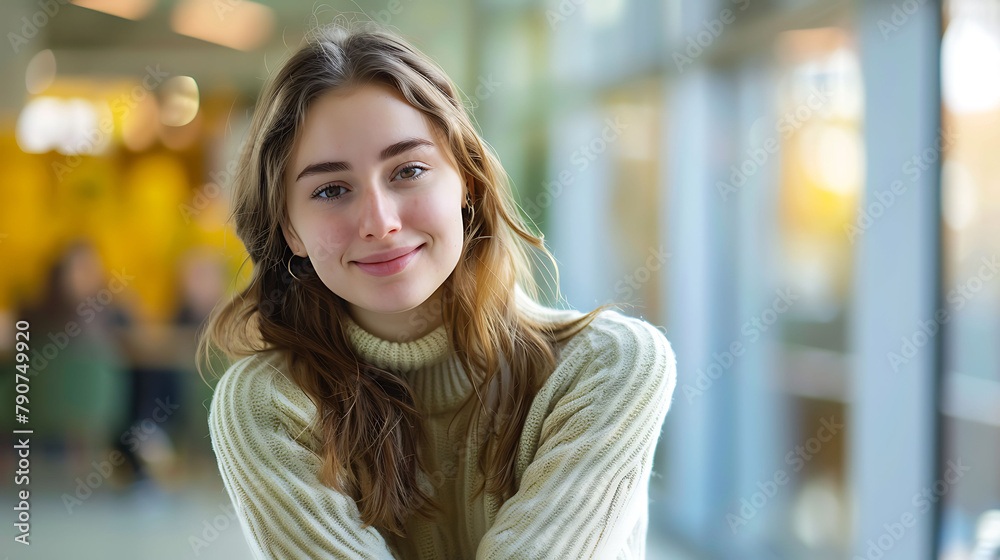 portrait of young happy woman looks in camera portrait of young happy woman looks in camera