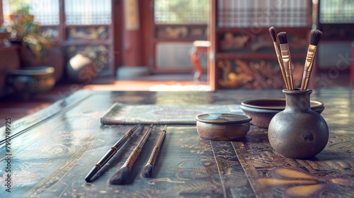 Ornate Korean calligraphy brush set displayed on a lacquered table, reflecting the beauty of Korean writing traditions. photo