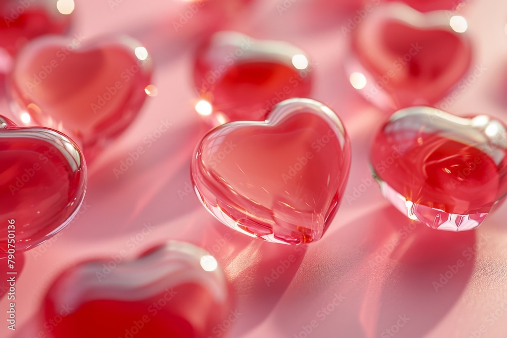 Red heart shaped glass balls on pink background for Valentine's Day decor and love themes 3d illustration Red heart shaped glass balls on pink background for Valentine's Day decor and love themes 3d illustration