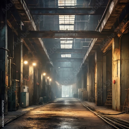 An atmospheric industrial environment with gritty metal surfaces and dimly lit corridors, evoking a sense of mystery and intrigue. 
