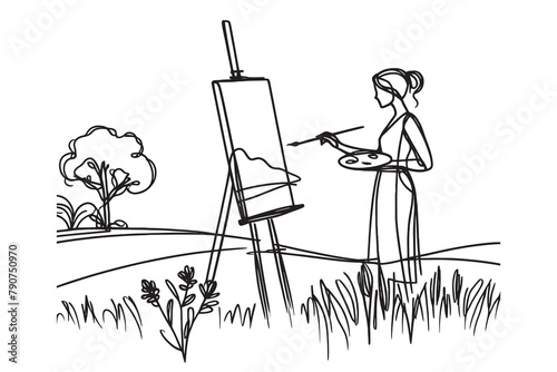 the artist sits in front of an easel with a palette and brush in hand. one line drawing vector