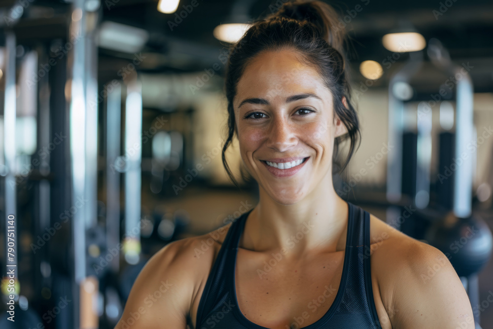 Fototapeta premium Portrait of a female fitness trainer in a gym, standing by exercise equipment and smiling at the camera