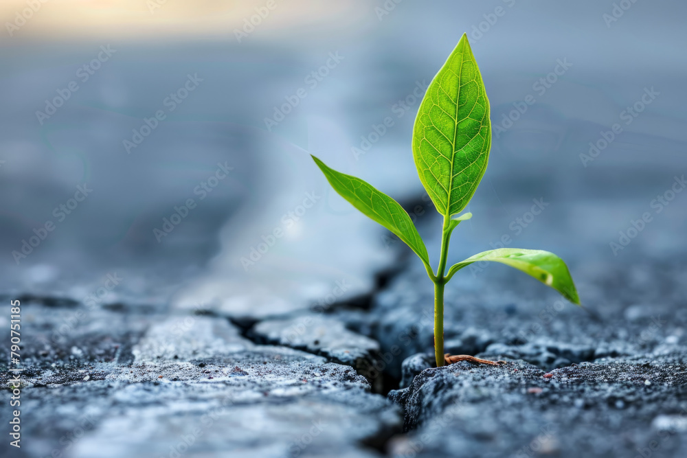 A tiny plant breaking through concrete with vibrant green leaves, representing resilience and growth in the face of adversity. A tiny plant breaking through concrete with vibrant green leaves, representing resilience and growth in the face of adversity.