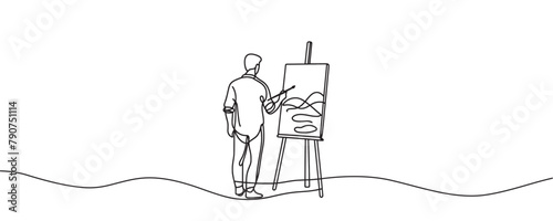 the artist sits in front of an easel with a palette and brush in hand. one line drawing vector