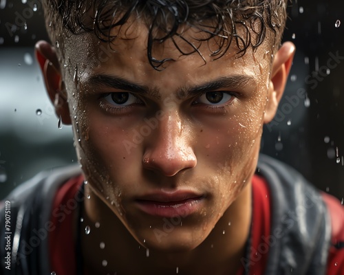 Sweaty face of a young athlete after intense physical activity, beads of sweat on forehead and intense gaze, set against a gym or outdoor backdrop,