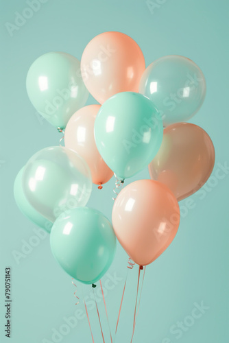 A bunch of balloons in muted colors  such as peach and mint green  float against an isolated light blue background