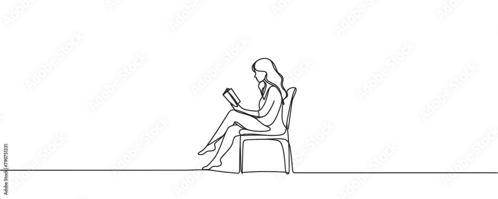 One continuous line drawing, a girl reading a book. vector illustration.