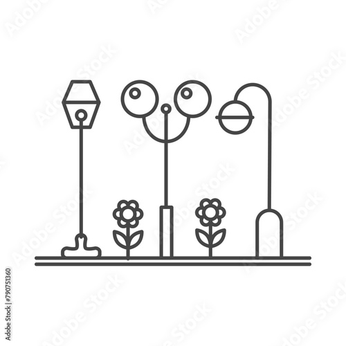 City park with street lights, urban public place line icon vector illustration
