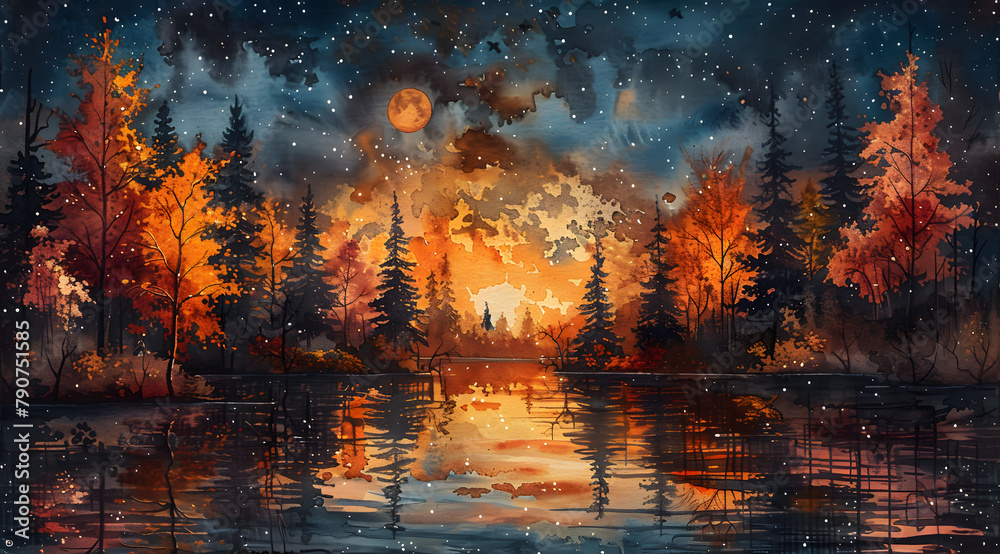 Nightfall Symphony: Enchanted Watercolor of Moonlit Creek and Autumn Butterflies