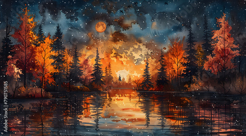 Nightfall Symphony: Enchanted Watercolor of Moonlit Creek and Autumn Butterflies © Thien Vu