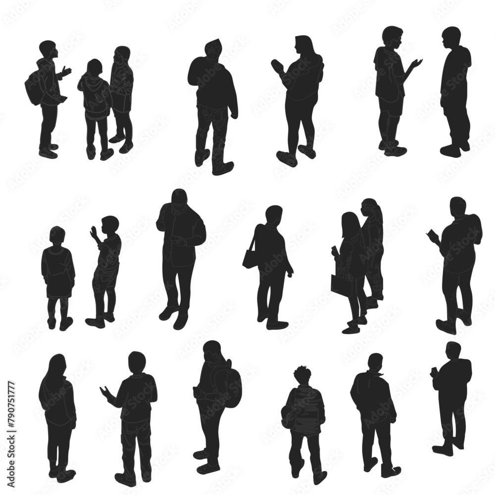 Isometric people, set of axonometric silhouettes, flat vector	

