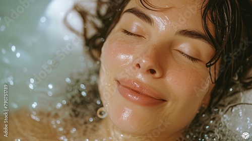 Relaxing moment Woman with closed eyes and watercovered face enjoying a bath in bathtub