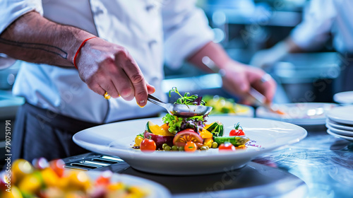 A chef plating up dishes in the kitchen of an upscale restaurant, with focus on one dish that is beautifully arranged and garnished photo