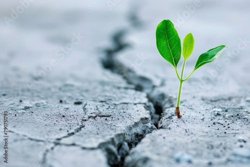 A tiny plant breaking through concrete with vibrant green leaves, representing resilience and growth in the face of adversity.