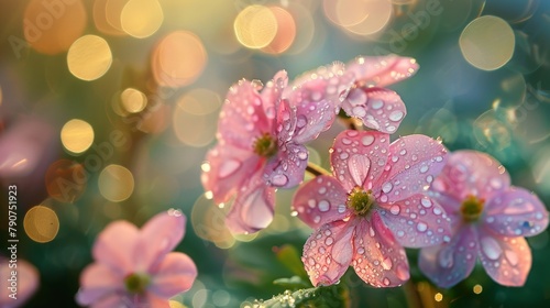 Pink flowers adorned with water droplets