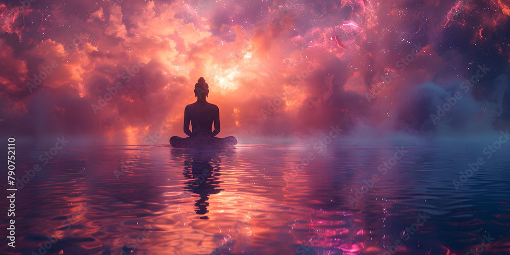 A Serene Figure in Deep Meditation Amidst Cosmic Psychic Waves