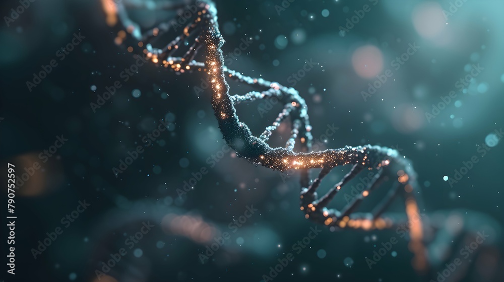 3D Rendering of a Glowing DNA Molecular genomes structure concept of biochemistry 3D Rendering of a Glowing DNA Molecular genomes structure concept of biochemistry