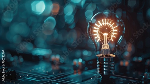 Glowing light bulb on circuit board background with bokeh lights