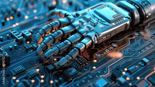 Robotic hand poised over electronic circuit board, technology concept