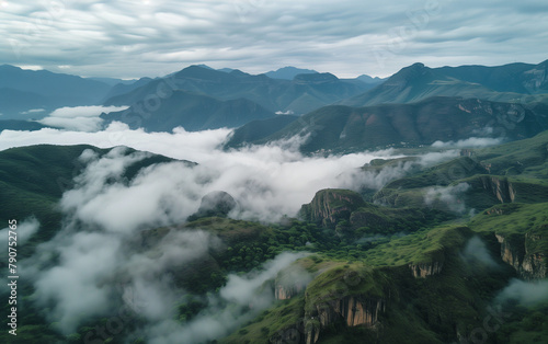 drone photo of mexican mountains, cinematic foggy photo 