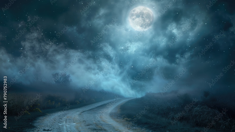 Fototapeta premium Nighttime landscape with full moon illuminating winding road and cloudy sky